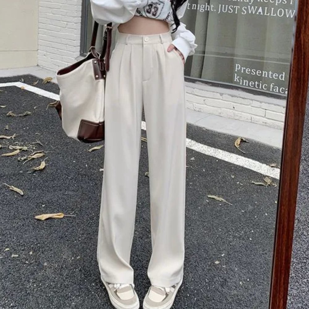 High Waisted Wide Leg Cream Trousers/Dress Pants